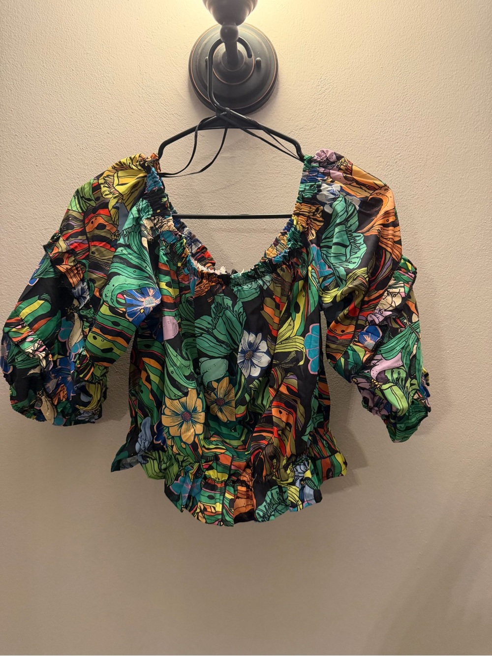 Rachel Zoe Tropical Floral Off‎ The Shoulder Ruffle Sleeve Blouse Green Blue M